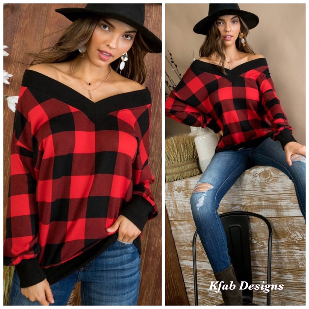 ❤️LAST! French Terry V Neck Contrast Band Soft Plaid Top! - Picture 5 of 10